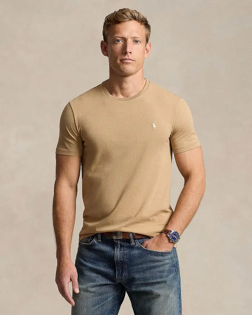 T-shirt Polo Ralph Lauren color cammello custom slim-fit in puro cotone con logo pony bianco ricamato sul petto