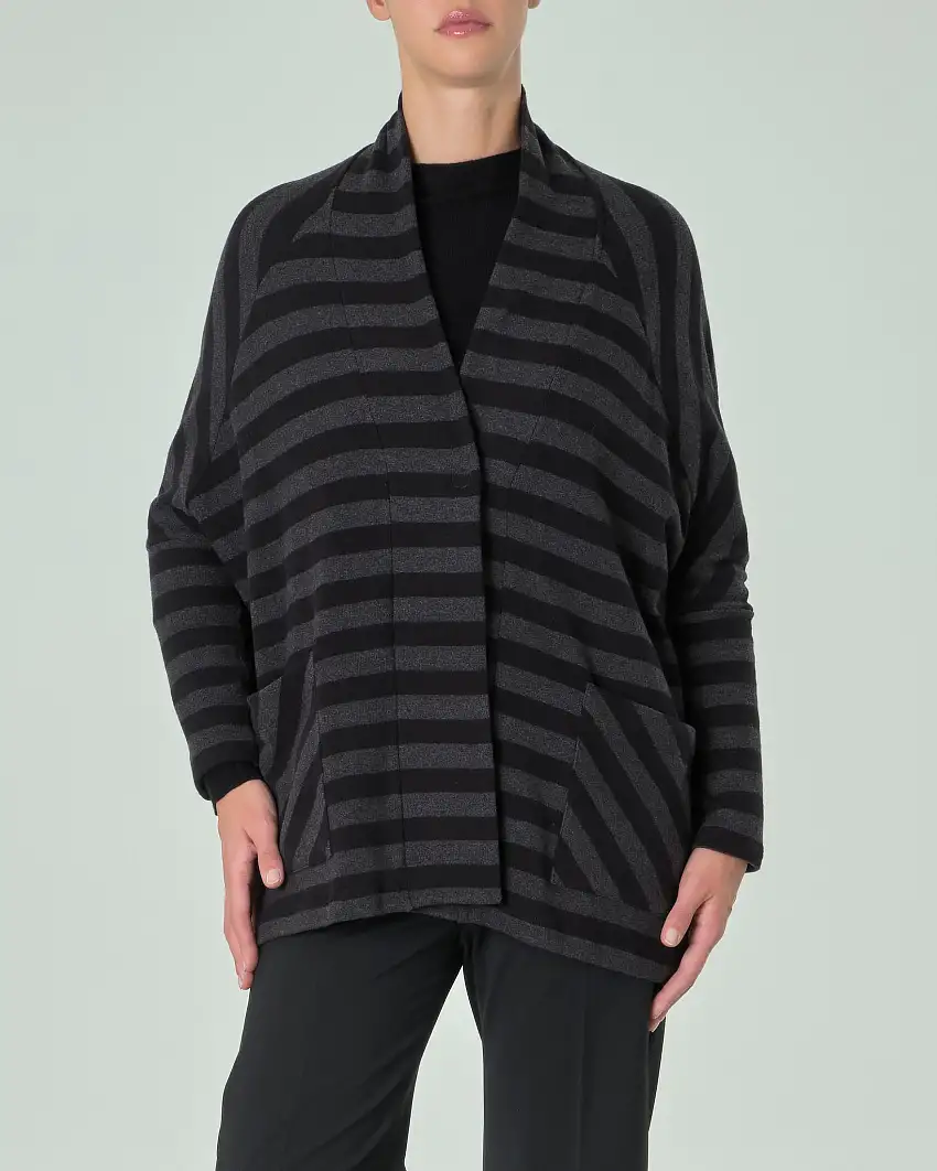 Cardigan nero a righe grigie in misto cotone stretch dalla linea ampia al fondo