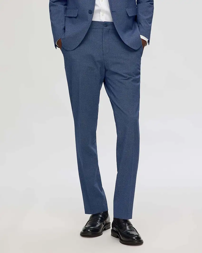 Pantalone blu slim-fit in misto viscosa stretch con motivo a mini pied de poule