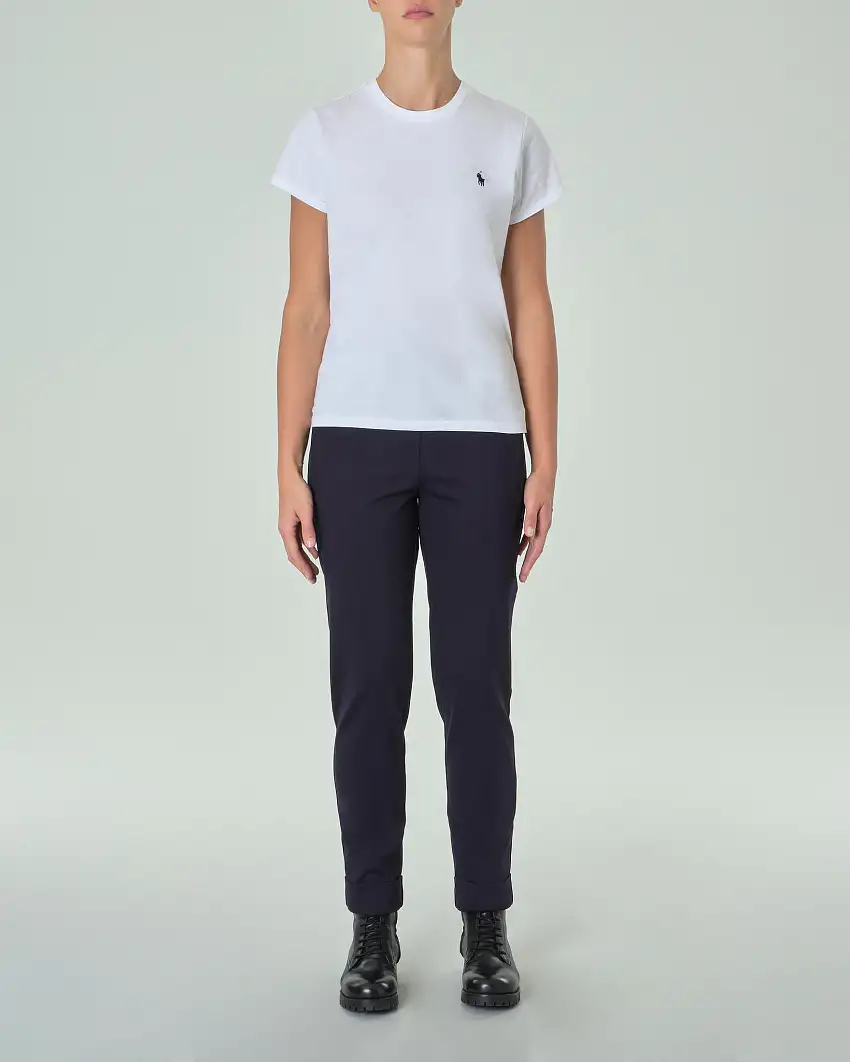 Pantaloni blu slim in misto viscosa punto Milano con risvolto al fondo ed elastico in vita