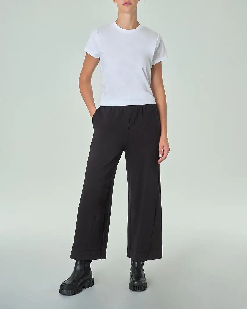 Pantaloni neri slim in misto viscosa punto Milano con risvolto al fondo ed elastico in vita