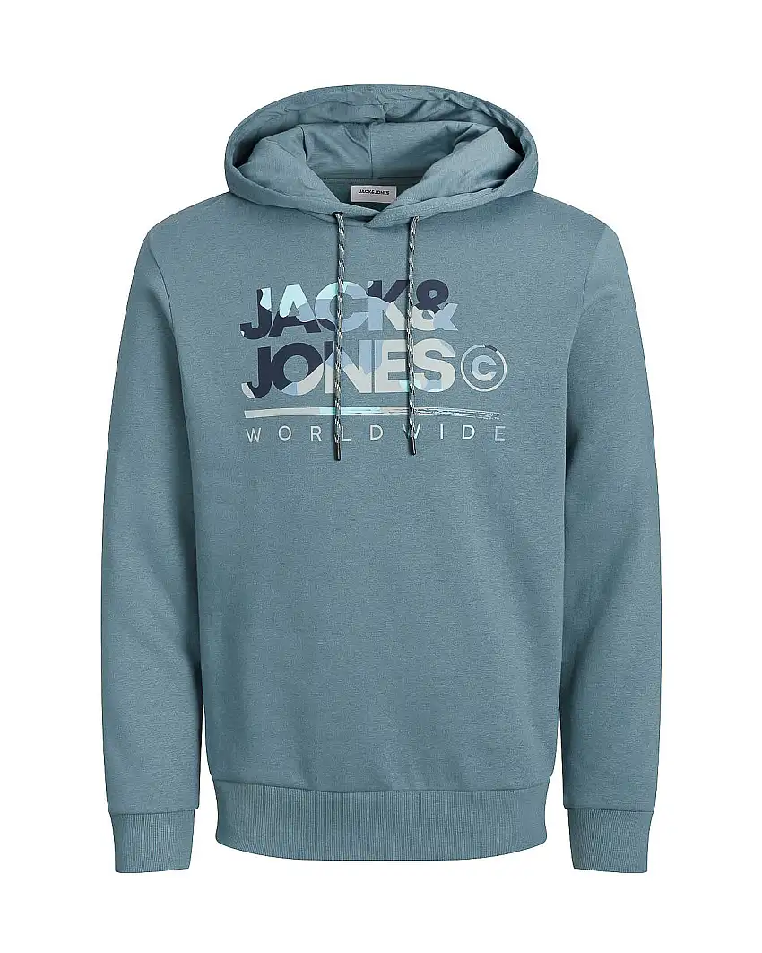 Felpa azzurra con cappuccio in cotone con maxi stampa logo frontale in fantasia camouflage