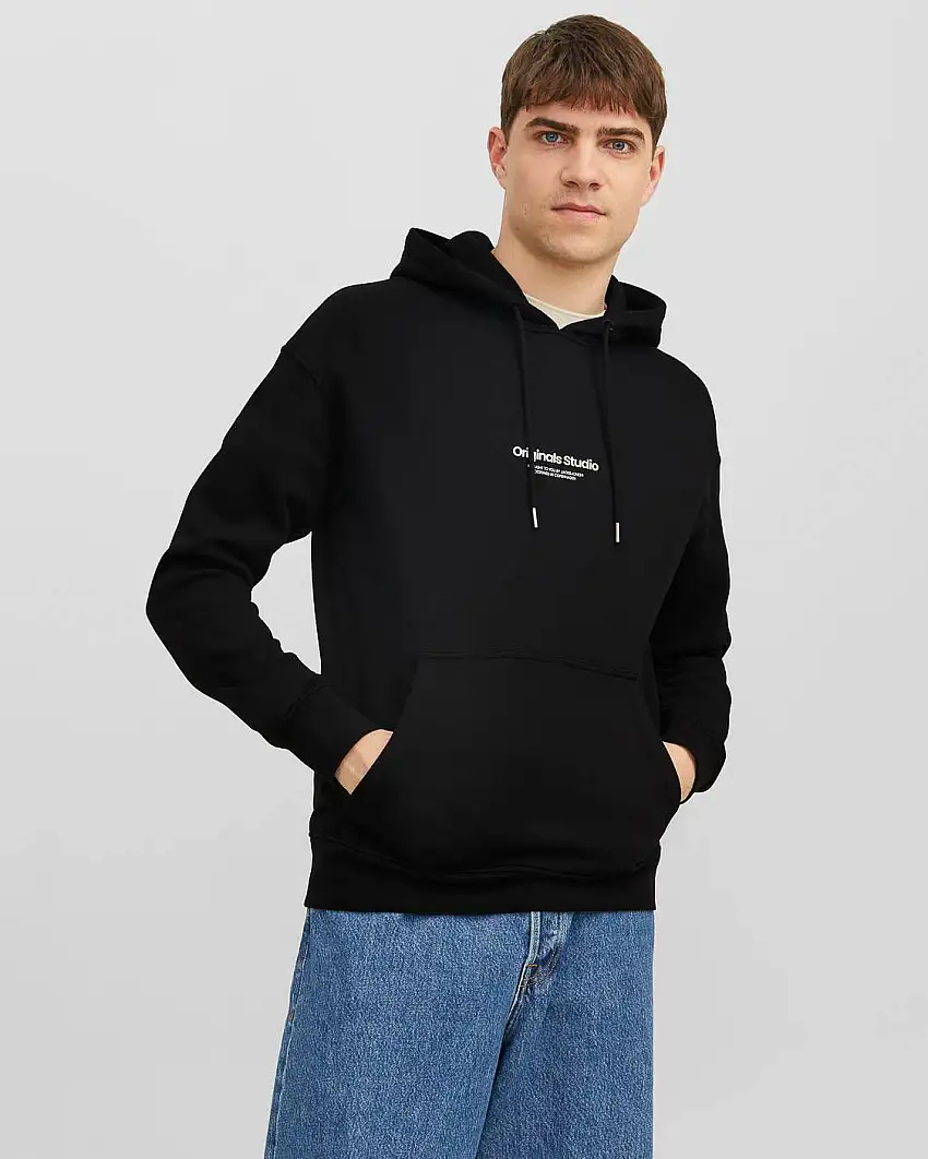 Felpa nera relaxed-fit con cappuccio e stampa logo frontale bianca