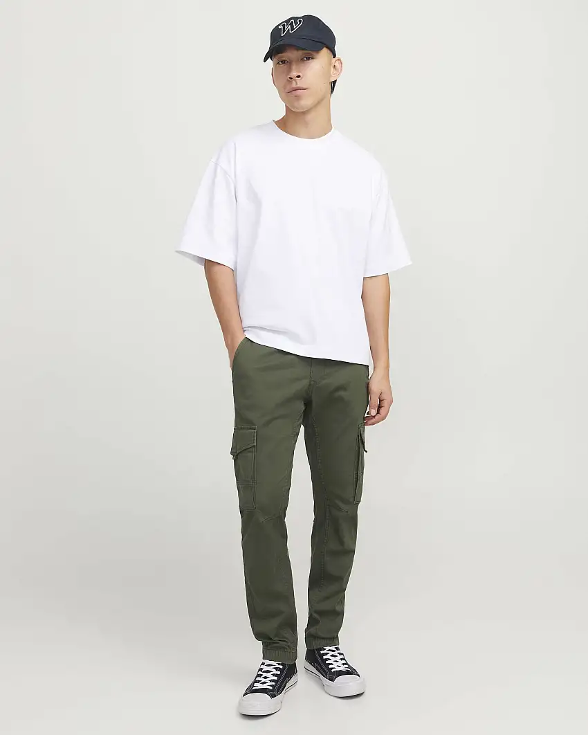 Pantalone cargo Jack & Jones slim-fit verde militare in cotone stretch con polsini alle caviglie