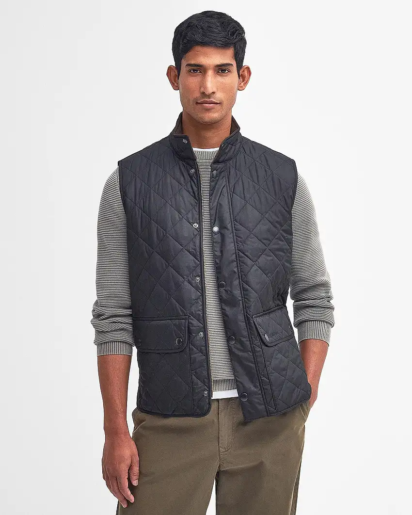 Barbour Gilet Lowerdale blu trapuntato a rombi con colletto in velluto marrone