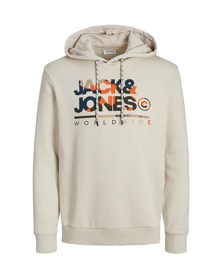 Felpa color panna con cappuccio in cotone con maxi stampa logo frontale in fantasia camouflage