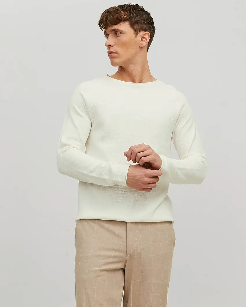 Maglia girocollo bianca in puro cotone lavorato a punto pepe con maniche raglan