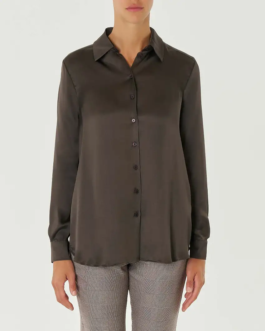 Camicia color testa di moro in raso di misto seta con colletto classico Linea MONOCHROME