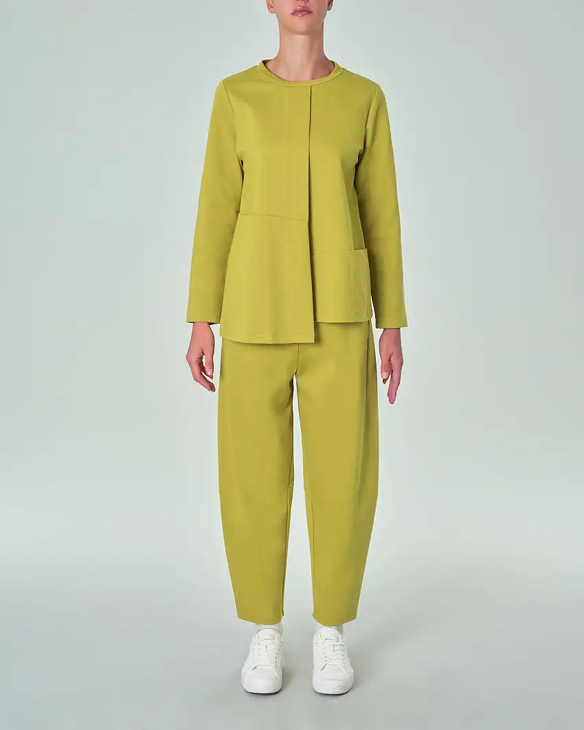 Pantaloni color lime in misto viscosa punto Milano dalla linea a pagliaccio con elastico in vita