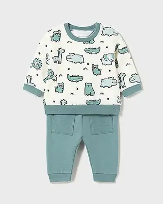 Completo composto da felpa e pantalone da tuta panna e verde acqua in cotone stretch con stampa animaletti