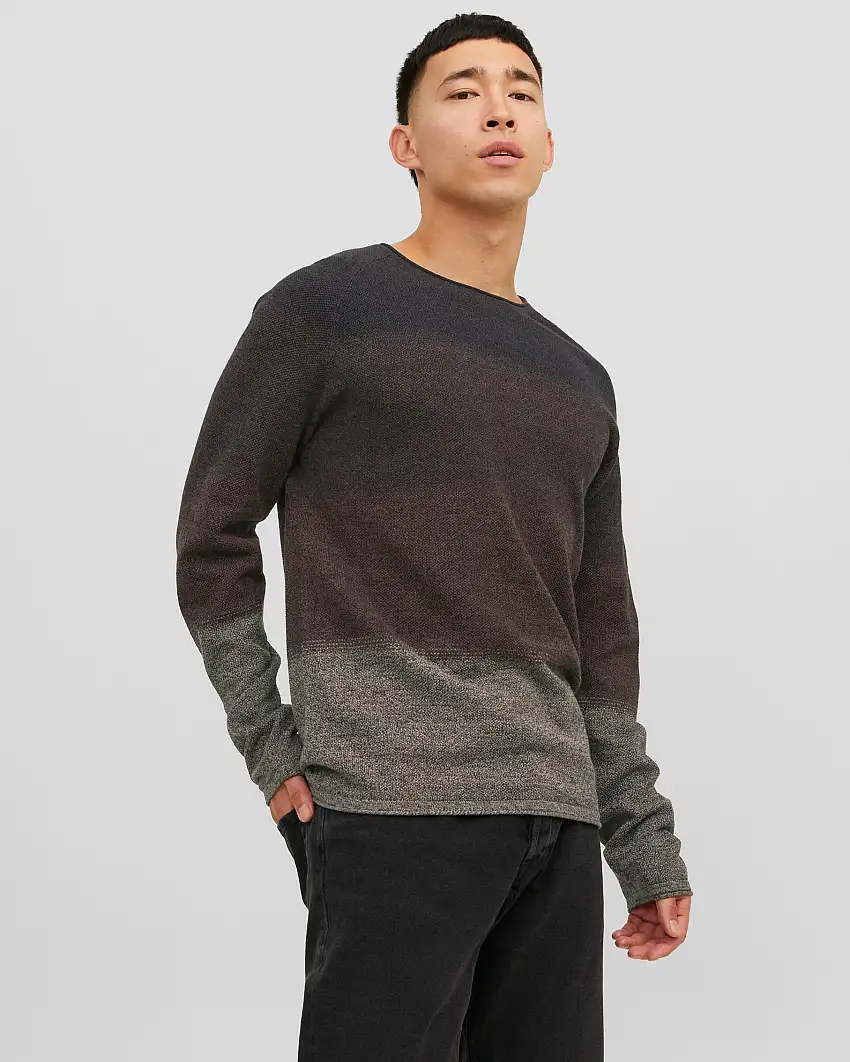 Maglia degradè marrone in cotone punto pepe con scollo a giro e maniche raglan