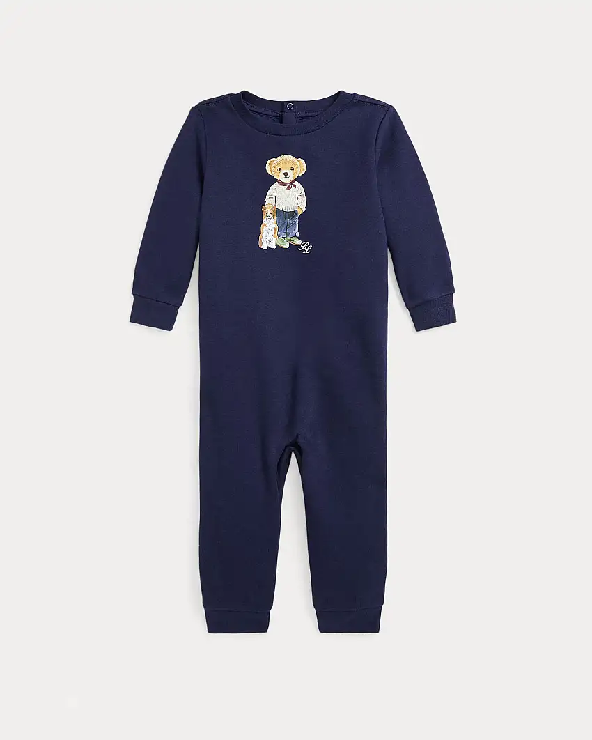 Tutina Ralph Lauren blu in misto cotone con stampa orsetto