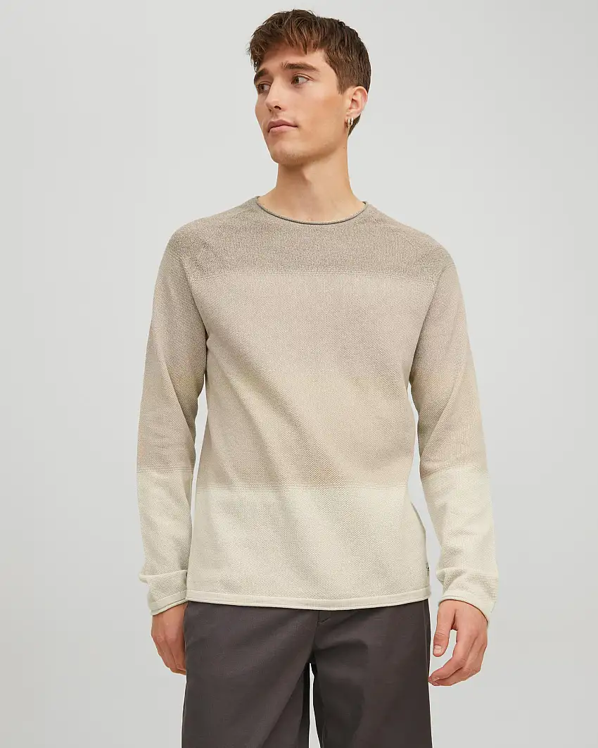 Maglia degradè color sabbia in cotone punto pepe con scollo a giro e maniche raglan