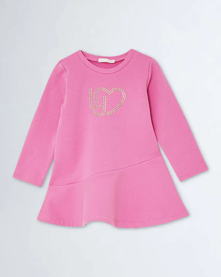 Abito mini rosa a in felpa di cotone stretch con maxi balza