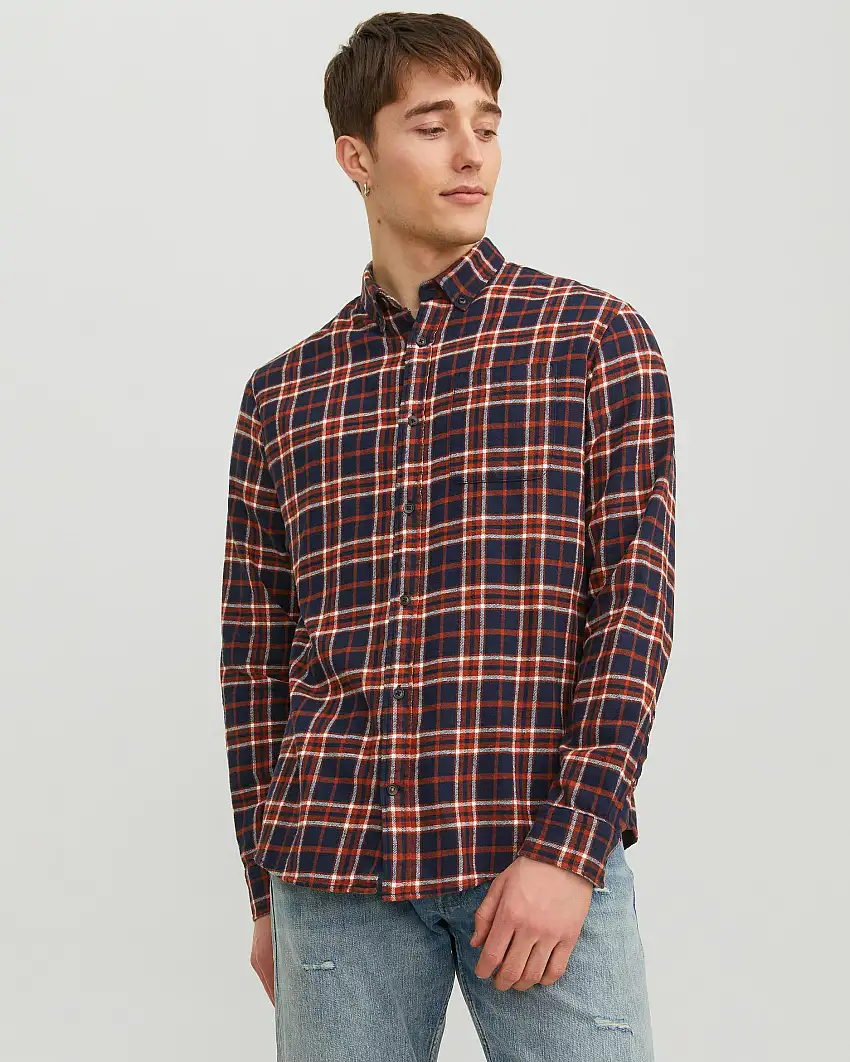 Camicia blu e arancio a quadri scozzesi in flanella con colletto button-down e taschino sul petto