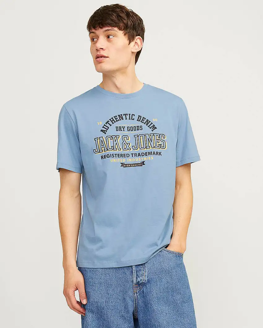 T-shirt azzurra regular-fit in puro cotone con stampa maxi logo frontale