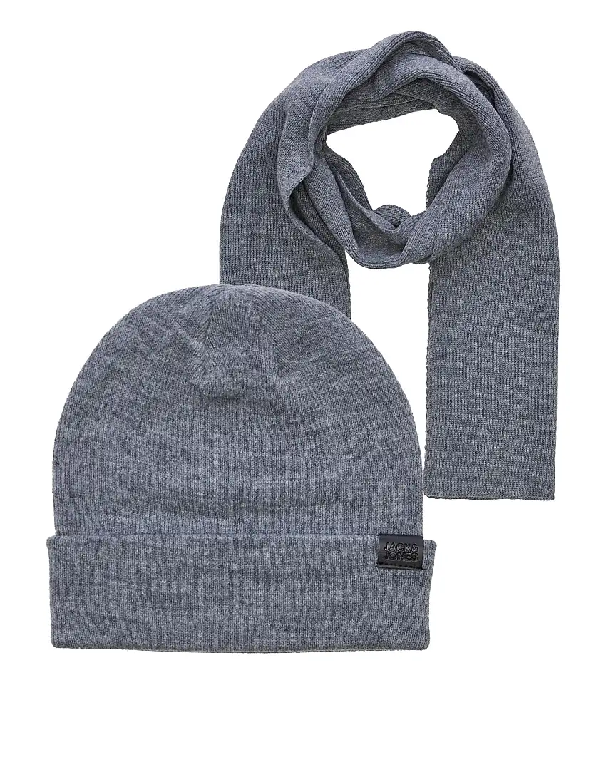 Set composto da berretto con risvolto e sciarpa grigia