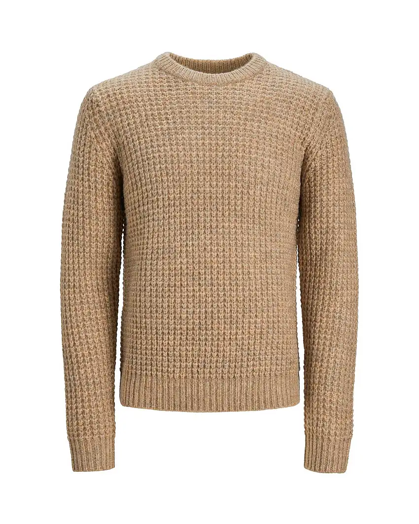 Maglione girocollo in misto lana color sabbia punto waffle