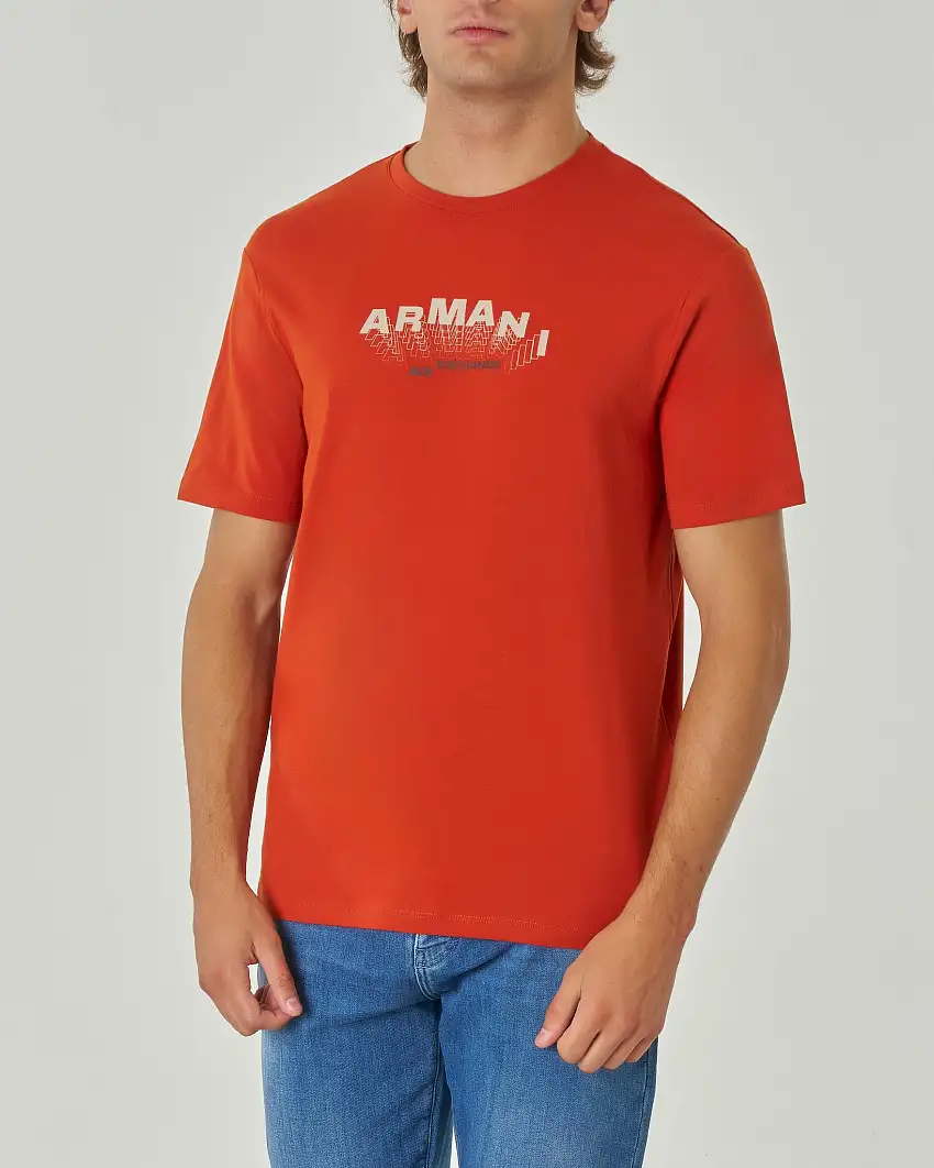 T-shirt arancione mezza manica in cotone con logo scritta 3D in contrasto sul petto