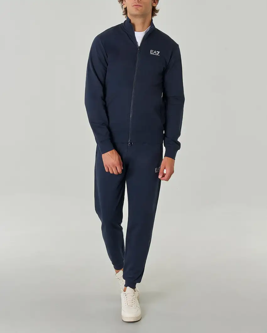 Tuta blu in felpa di puro cotone con logo piccolo stampato