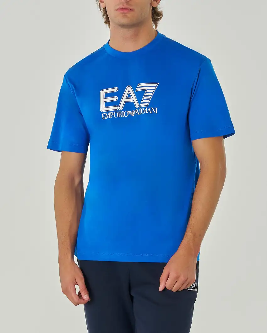 T-shirt blu royal mezza manica con maxi logo EA7 stampato sul petto