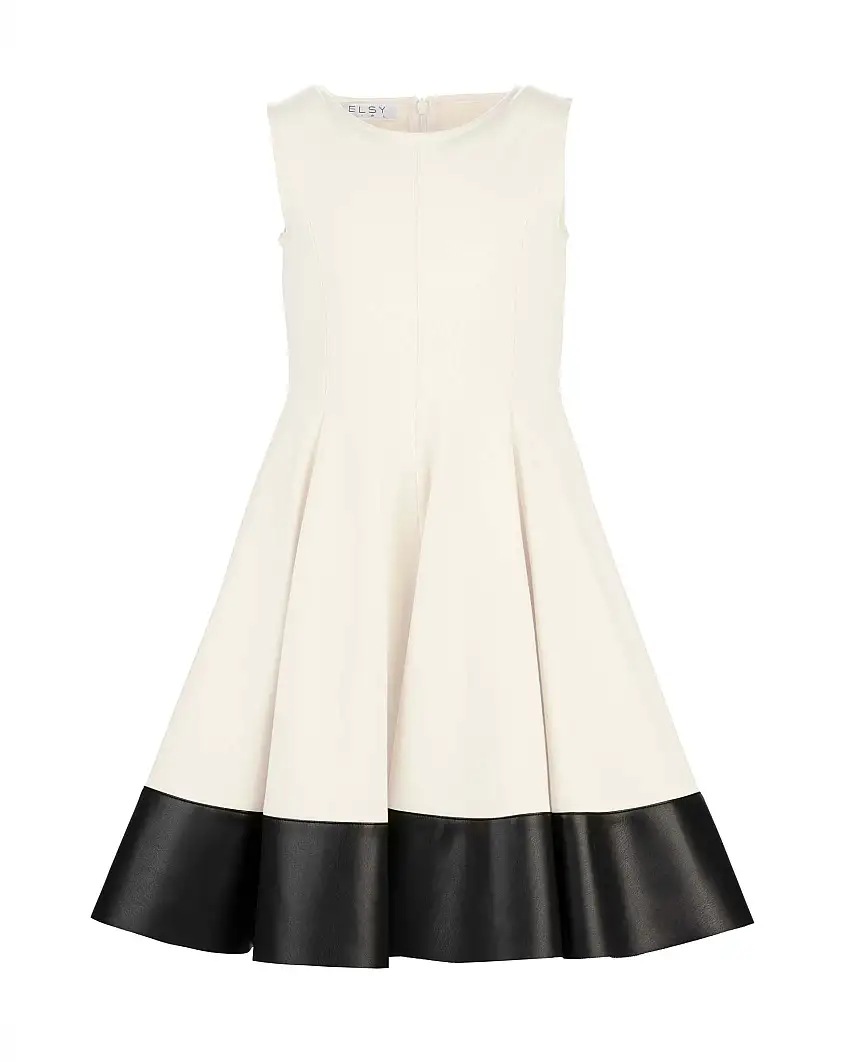 Abito Elsy fit and flare avorio con gonna a faldoni e dettaglio in ecopelle nero