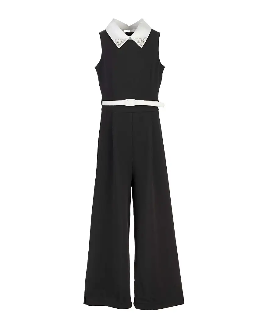 Tuta Elsy nera in tessuto stretch smanicato con colletto con perle