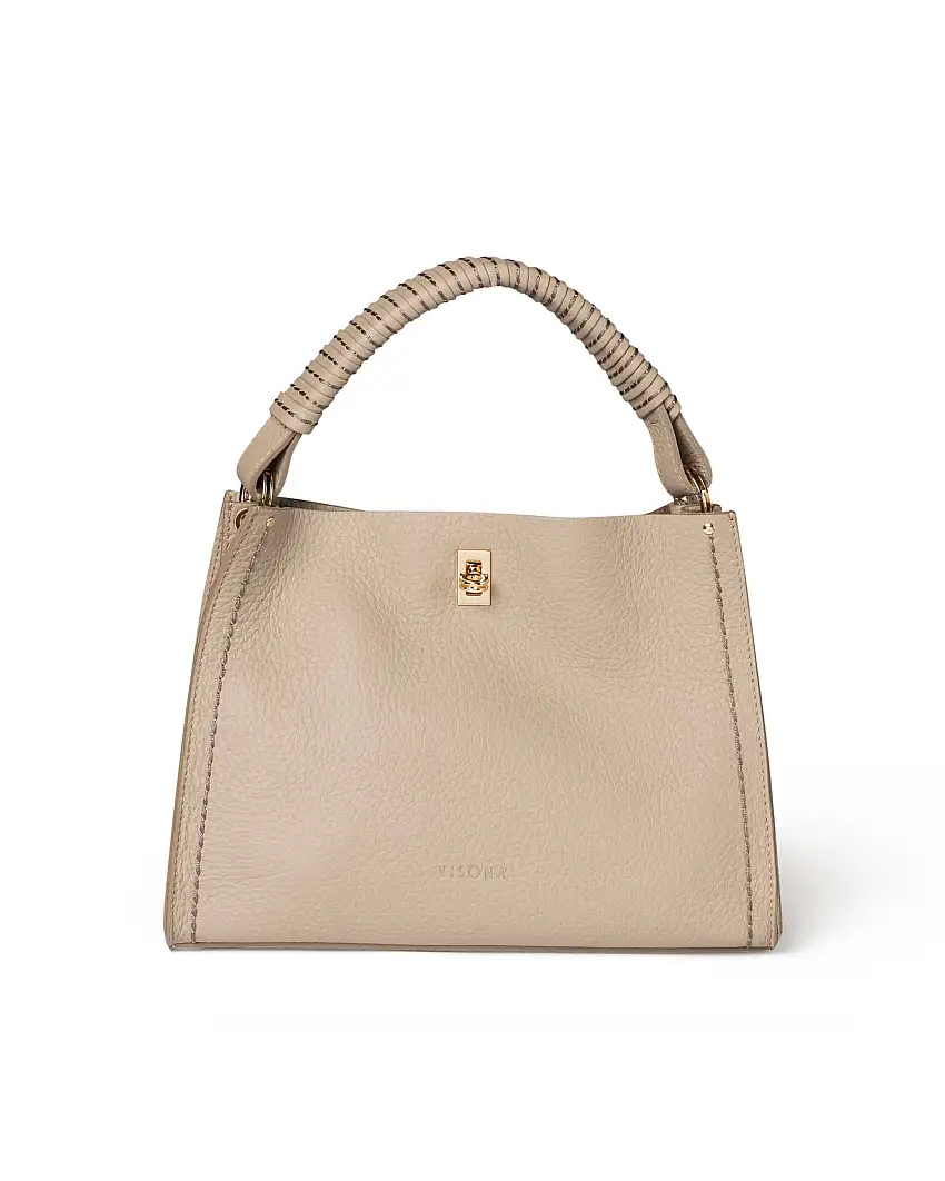 Borsa color taupe in pelle martellata con manico intrecciato a tracolla più lunga removibile