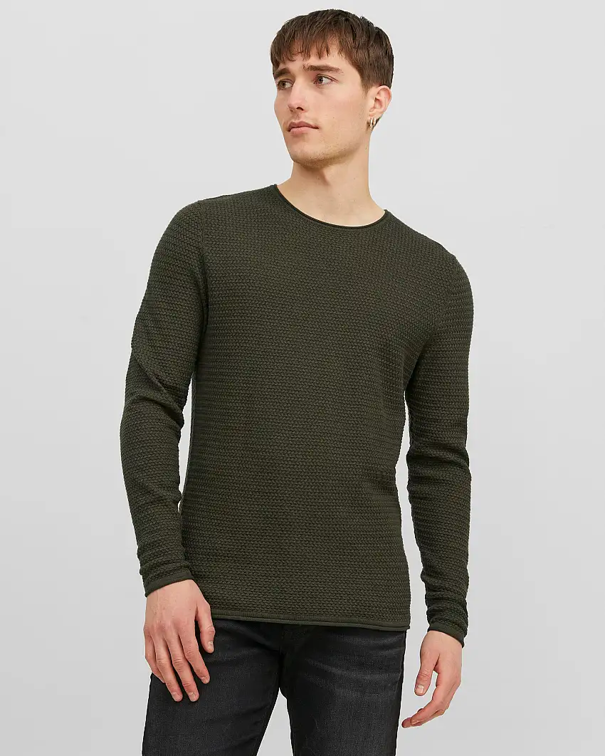 Maglia verde militare in cotone punto canestro con scollo a giro