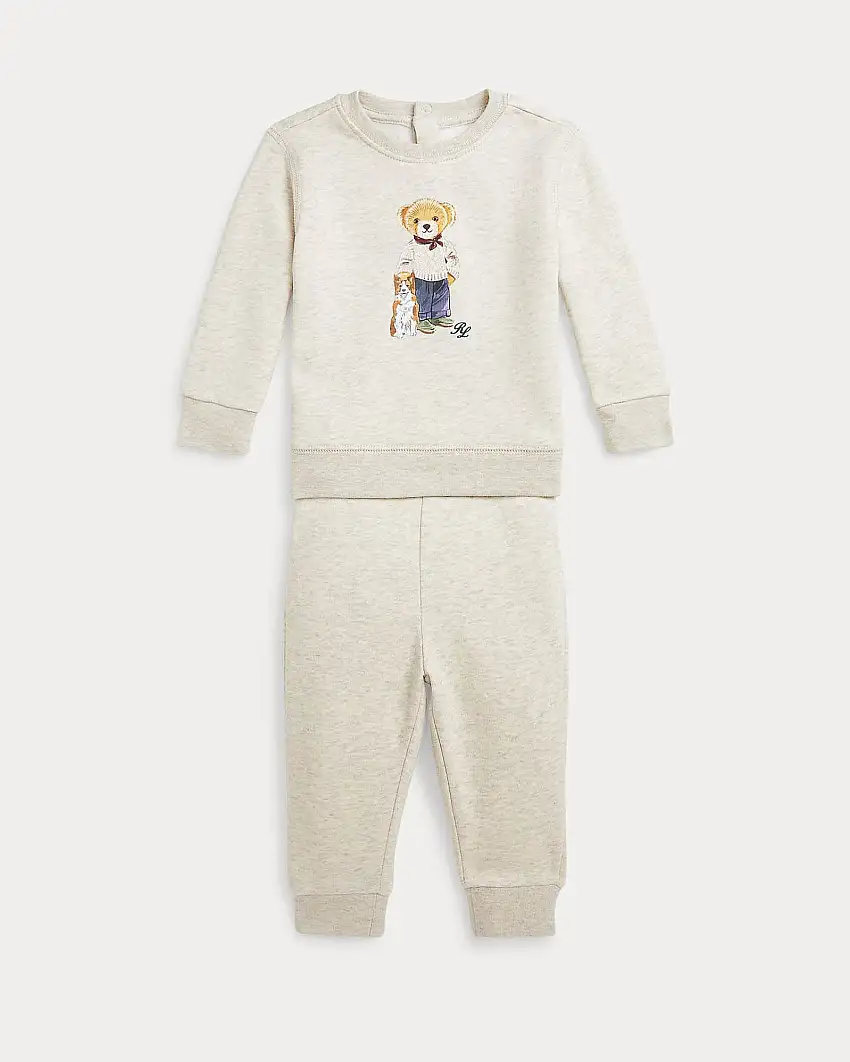 Tuta Ralph Lauren beige in misto cotone con stampa orsetto