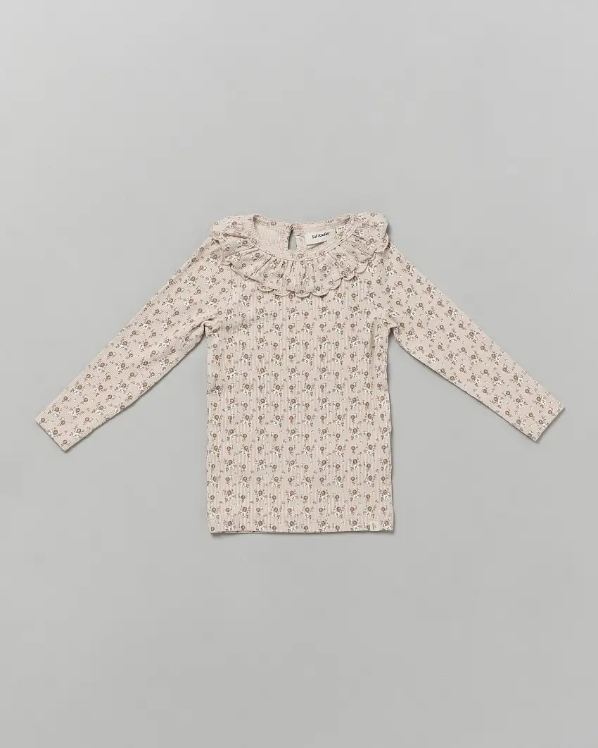 T-shirt in cotone e modal beige a fiorellini a maniche lunghe