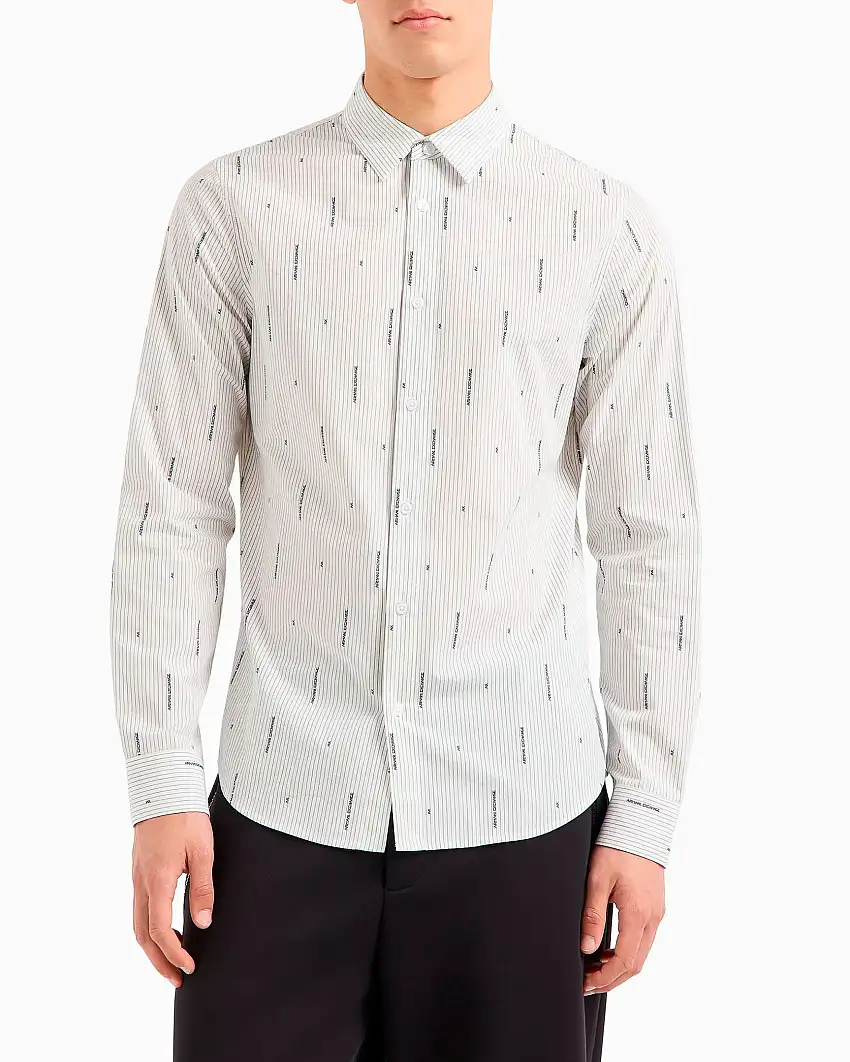 Camicia bianca in puro cotone in fantasia a righe e logo all over