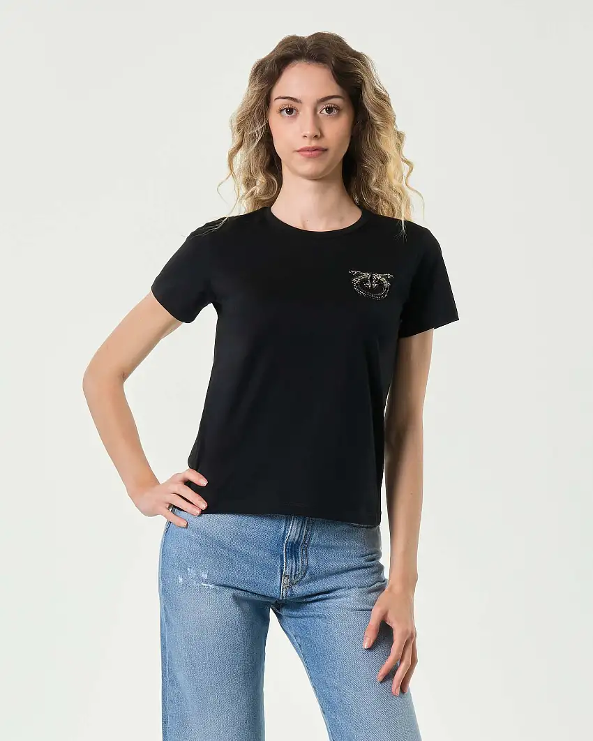 T-shirt nera in cotone Pinko con logo Love Birds in castoni applicati sul petto