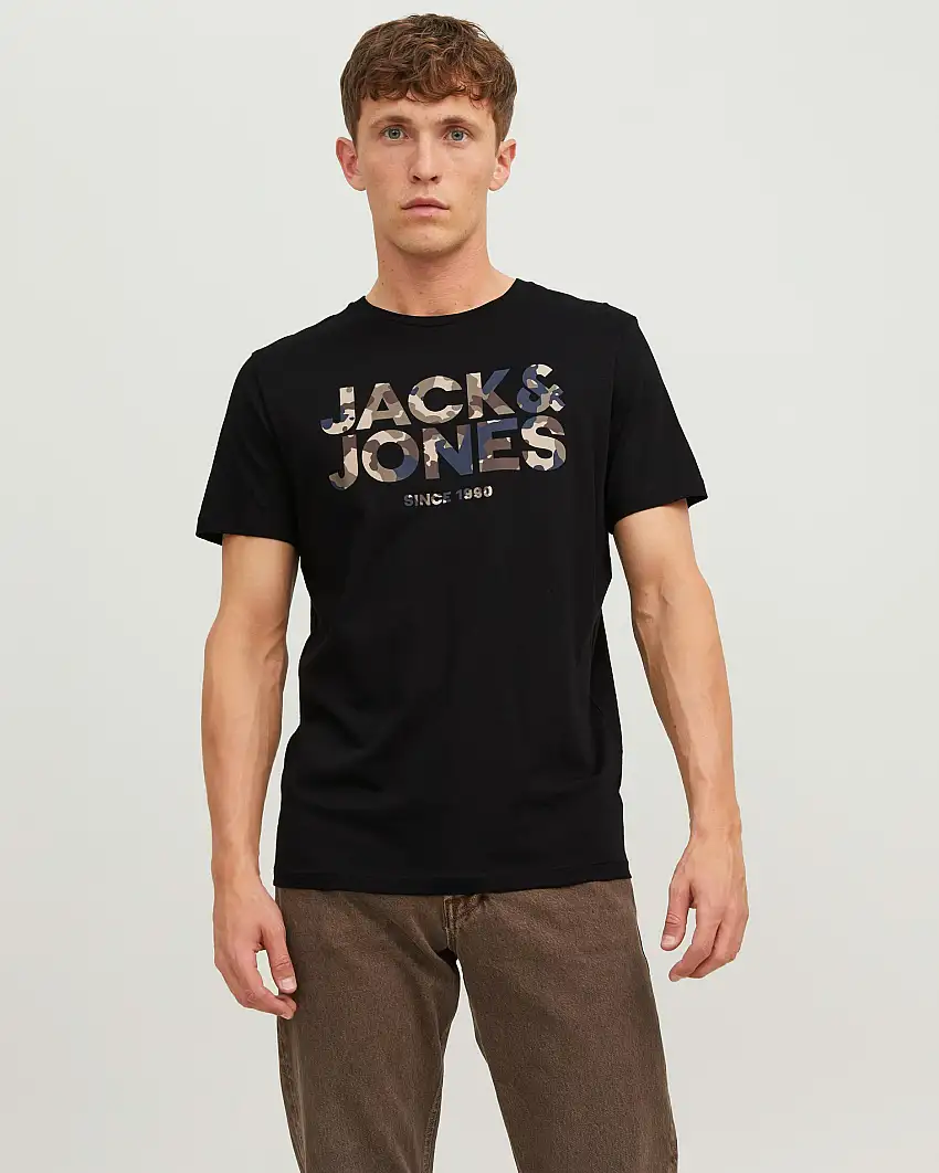 T-shirt nera mezza manica con logo in fantasia mimetica