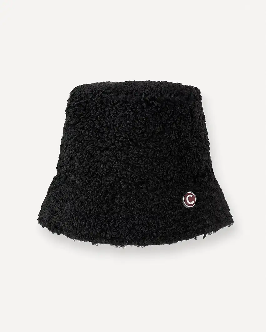 Cappello alla pescatora nero in tessuto teddy con patch logo in gomma