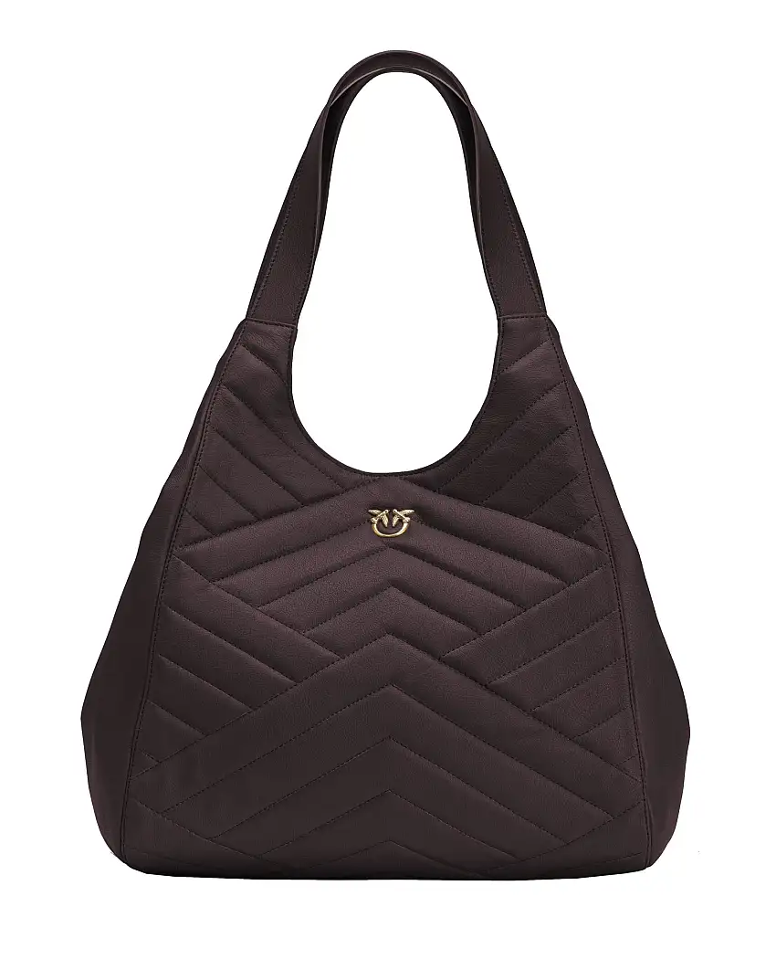 Shopping bag nera in pelle martellata con motivo chevron fronte e retro con logo LoveBirds in metallo dorato