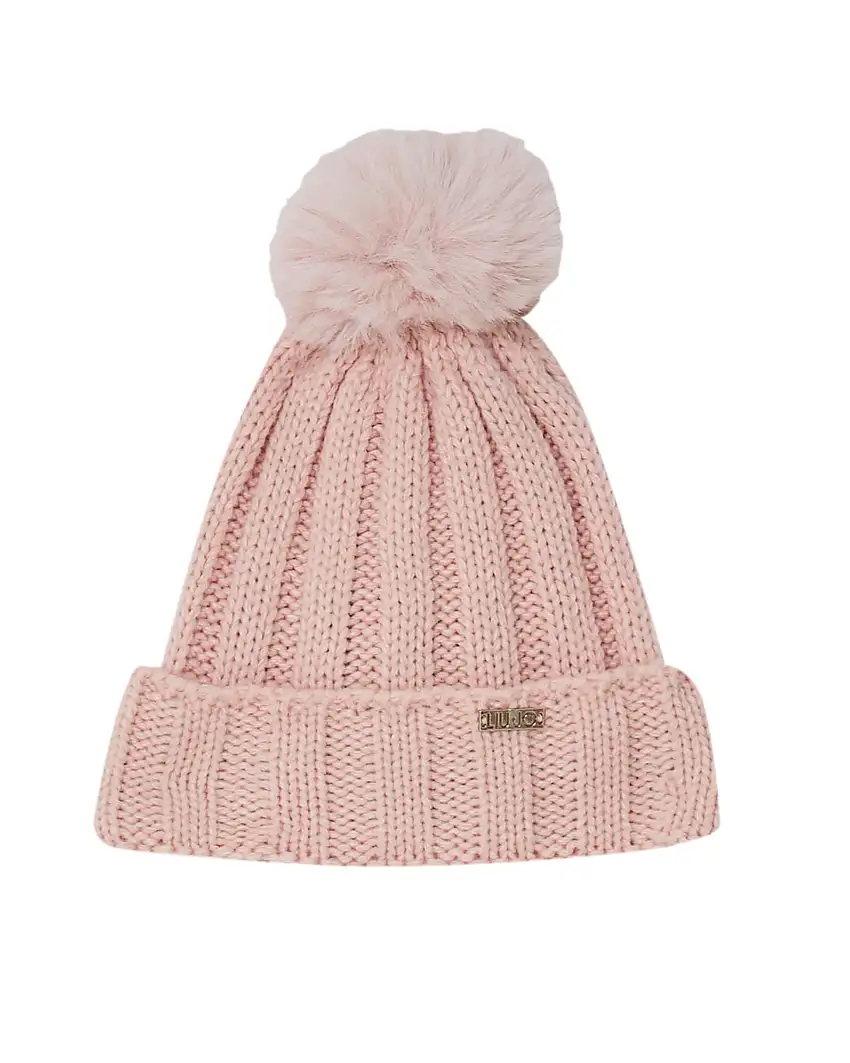 Berretto Liu Jo rosa con risvolto e pon pon in pelliccia