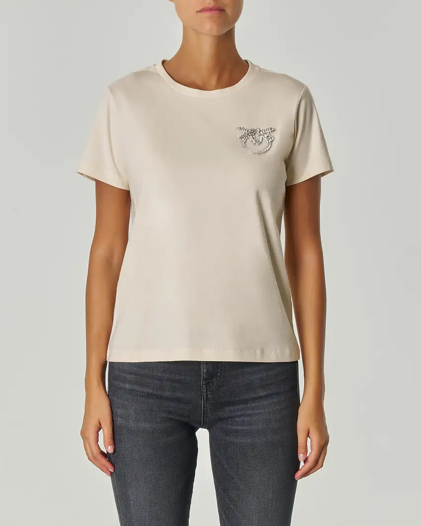 T-shirt color avorio in cotone a maniche corte con logo in pietre ricamato sul petto