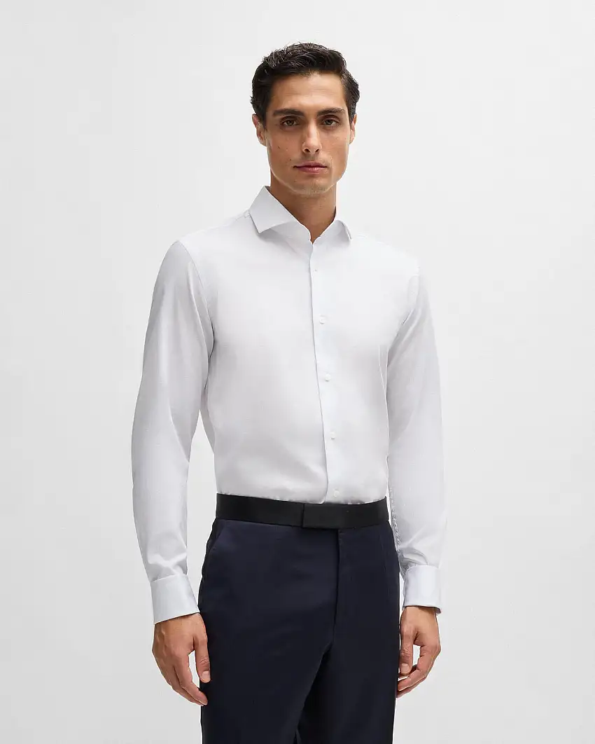 Camicia bianca Spread in micro piquè di cotone stretch con colletto aperto alla francese e polso doppio