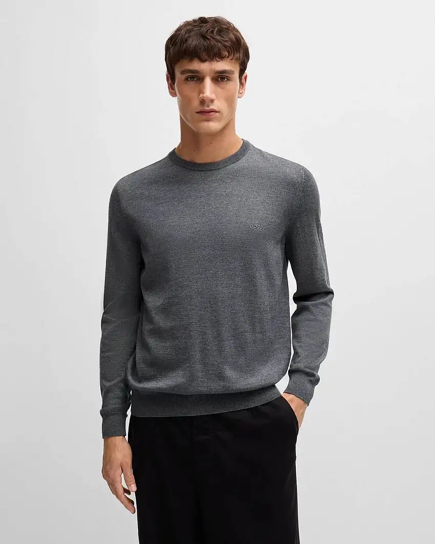 Maglia Boss grigia girocollo in pura lana vergine