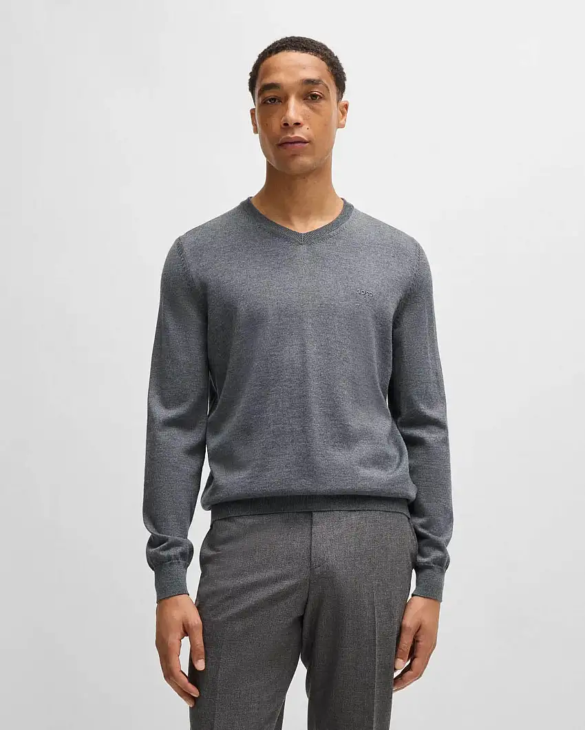 Maglia Boss grigia con scollo a V in pura lana vergine