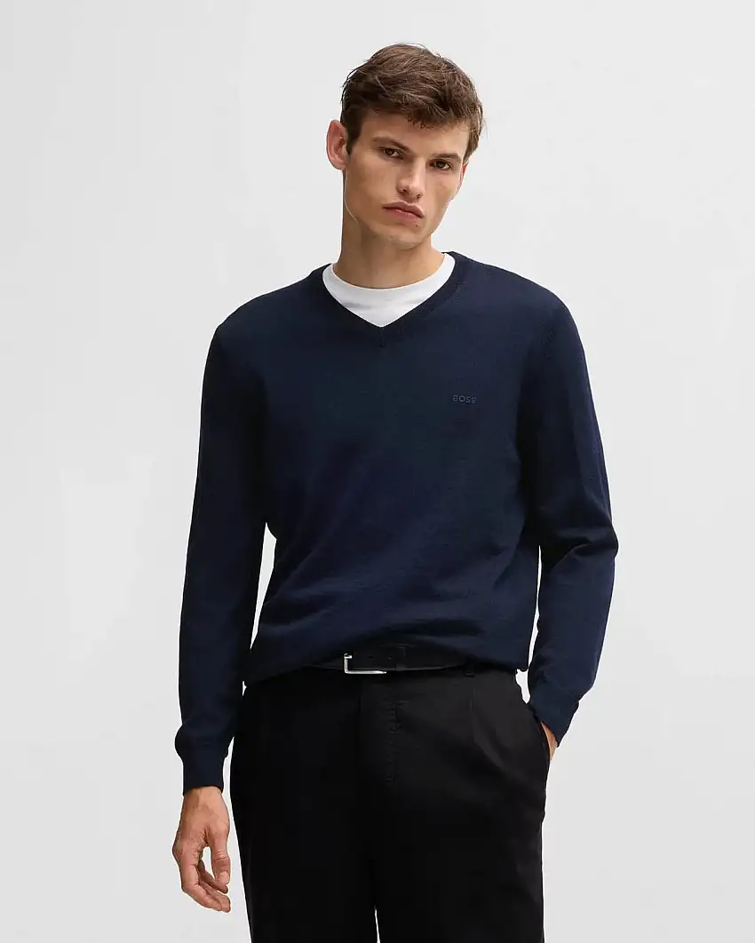 Maglia Boss blu con scollo a V in pura lana vergine