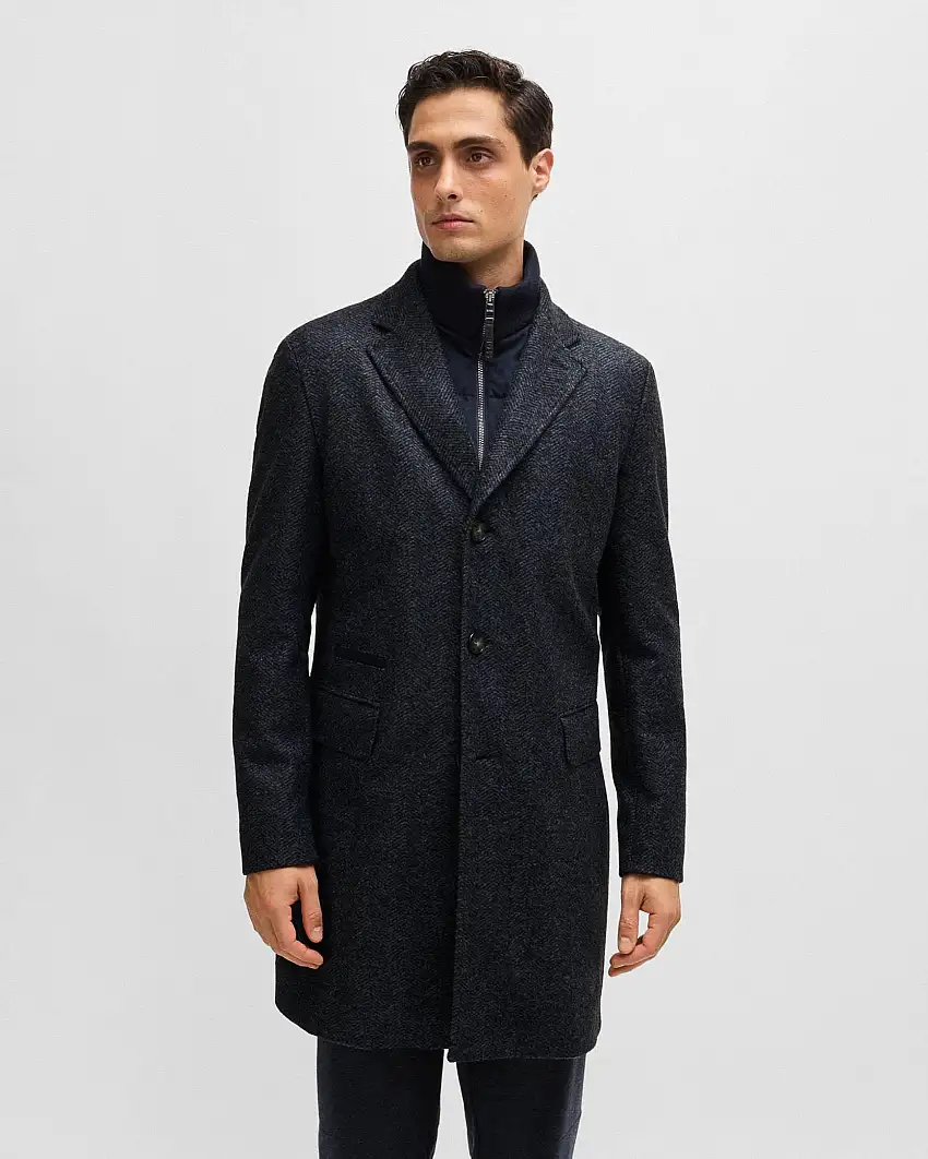 Cappotto Hyde blu in panno di misto lana a spina di pesce con davantino staccabile