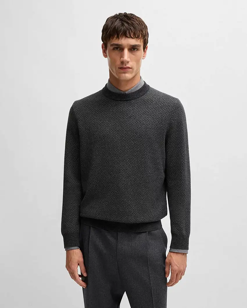 Maglia grigio antracite girocollo in misto lana e cotone micro fantasia