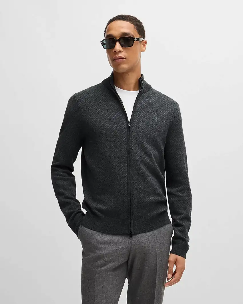 Maglia grigio antracite in misto lana e cotone micro fantasia con chiusura zip