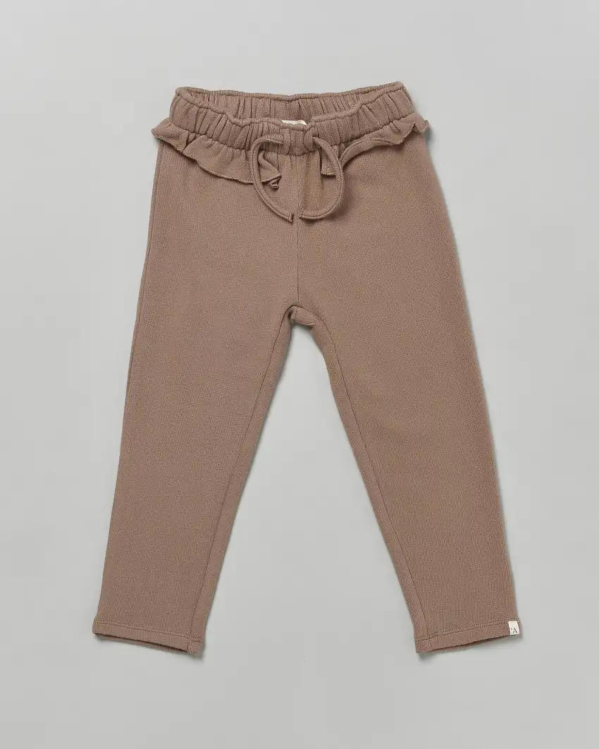 Pantalone Lil'Atelier marrone in felpa di cotone con coulisse e rouche