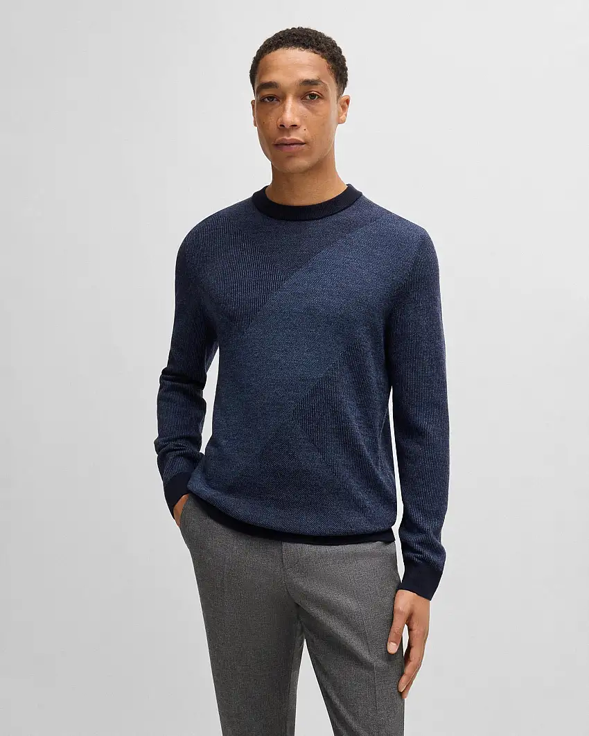 Maglia blu indaco girocollo in pura lana con motivo jacquard bicolore