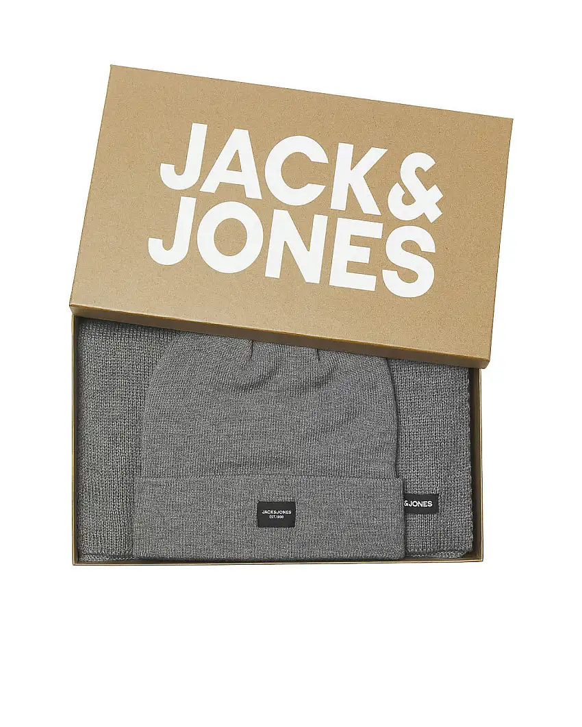 Set Jack & Jones composto da berretto e sciarpa grigi in maglia con etichetta logo cucita