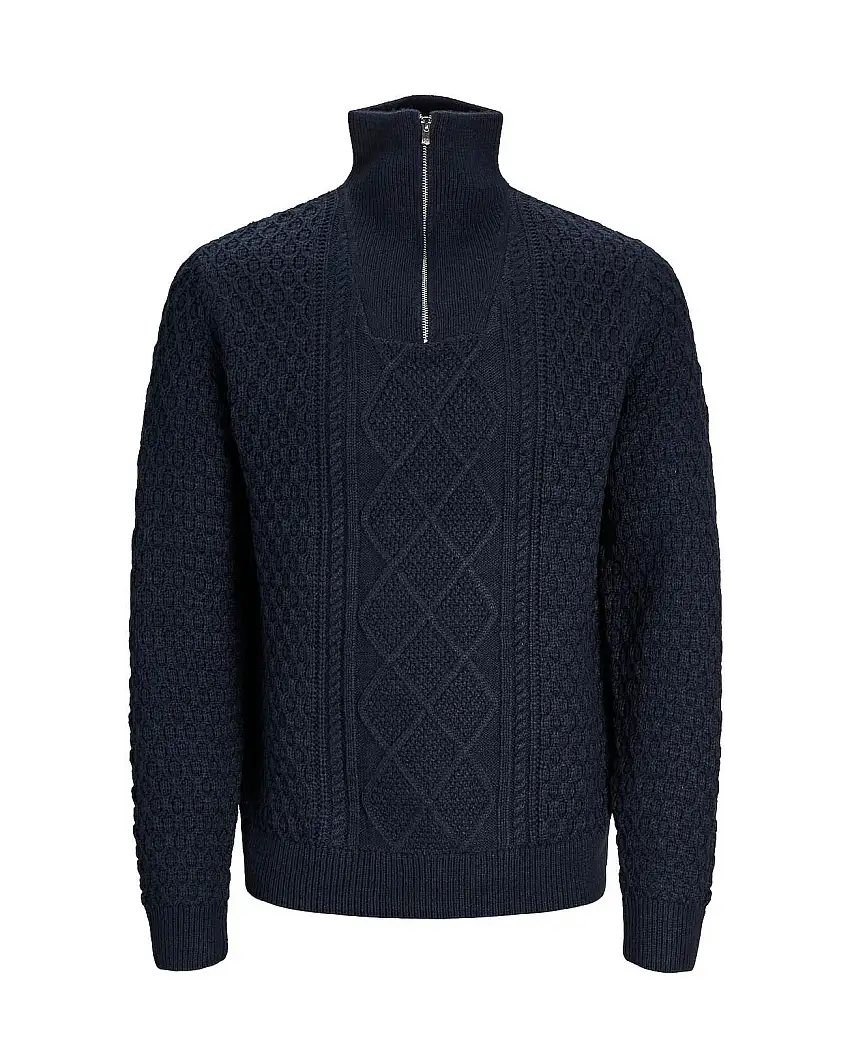 Maglia blu in misto cotone a trecce e rombi con collo alto e apertura a mezza zip