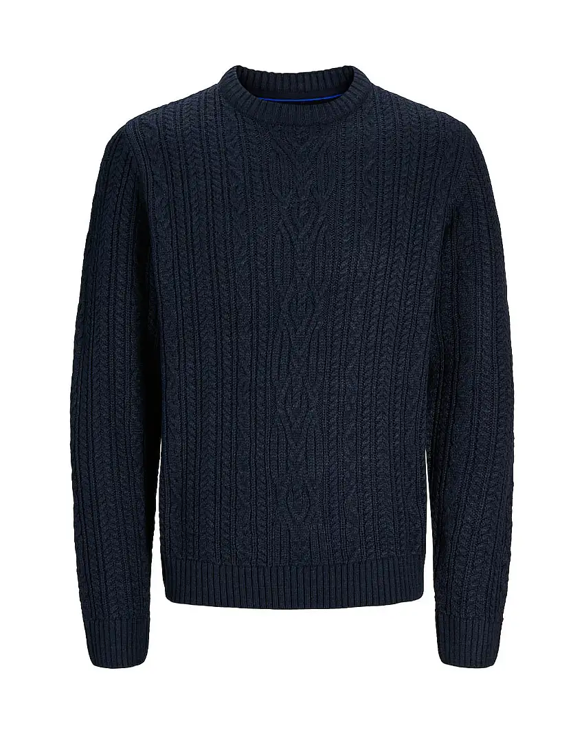 Maglia girocollo blu in misto cotone con lavorazione a trecce